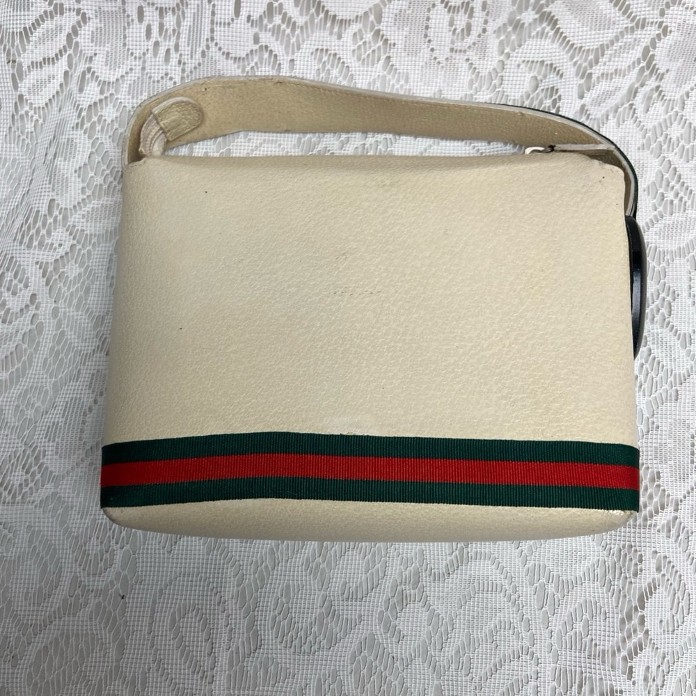 Vintage, Gucci, Small Cream Leather w/ Sherry Line Strap Handbag 9in x 6in x 3in - Picture 2 of 11